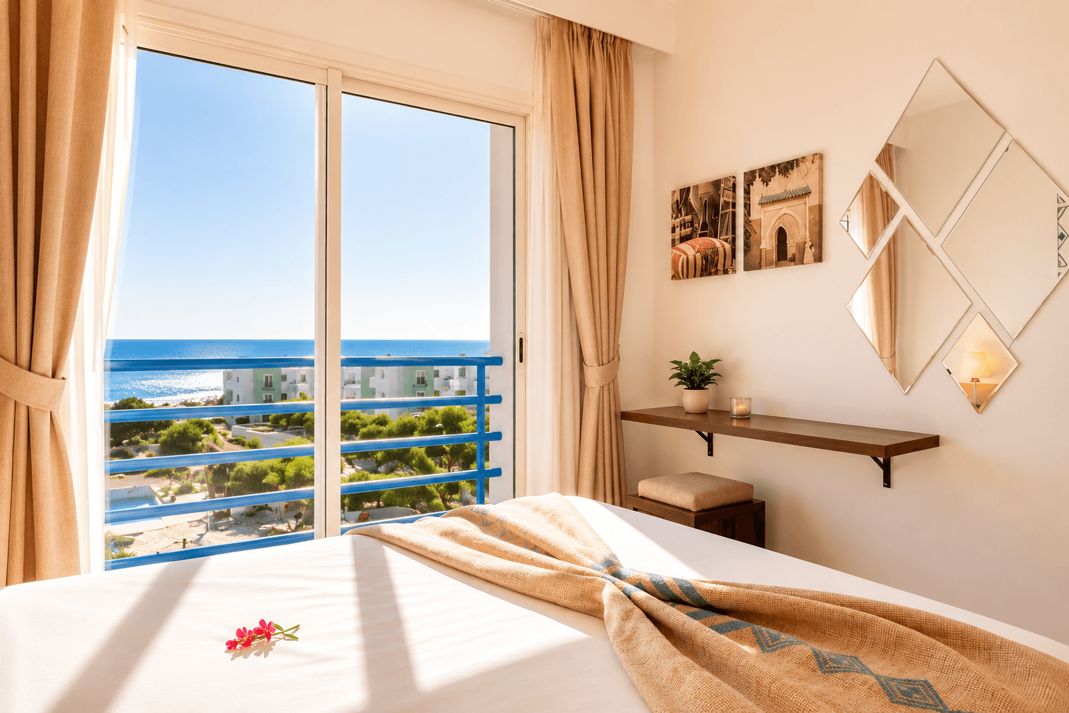 Chambre d'appartement ouverte sur la mer